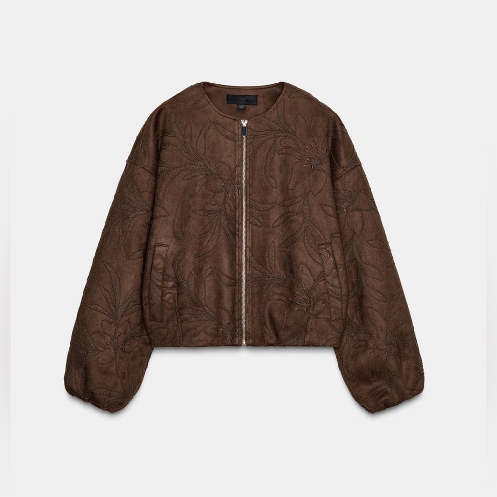Zara Faux suede bomber jacket with embroidery - Picture 5 of 9